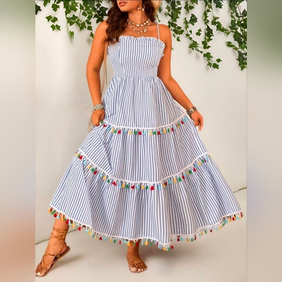 Dresses & Skirts - Elegant Blue Striped Strap Dress with Tassel Accents